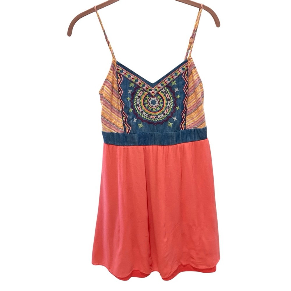 Chelsea & Violet Bohemian Embroidered Blue & Coral Mini Dress Size Medium